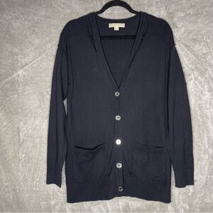 Michael Kors Black Longline Button Down Cardigan with Peek a Boo V-Neck Collar S